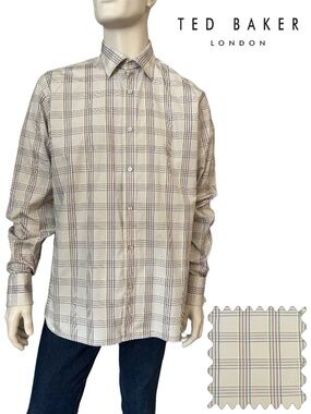 Ted Baker London Dress Shirt French Cuff Beige Multi Colour Pastel Stripes Check